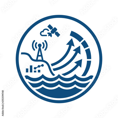 A circular icon showing global communication and data network connectivity