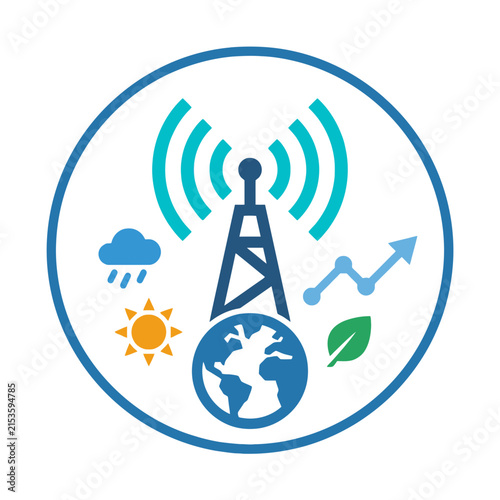 A circular icon showing global communication and environmental data symbols