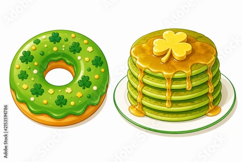 St Patricks Day green donut and pancakes