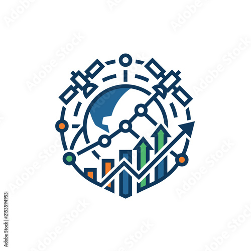 A circular icon showing global data growth and satellite connectivity