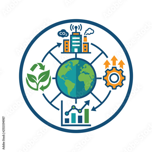 A circular icon showing global environmental and industrial progress