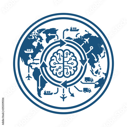 A circular icon showing global logistics and artificial intelligence