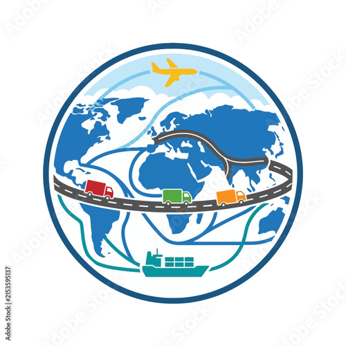 A circular icon showing global logistics and international transport