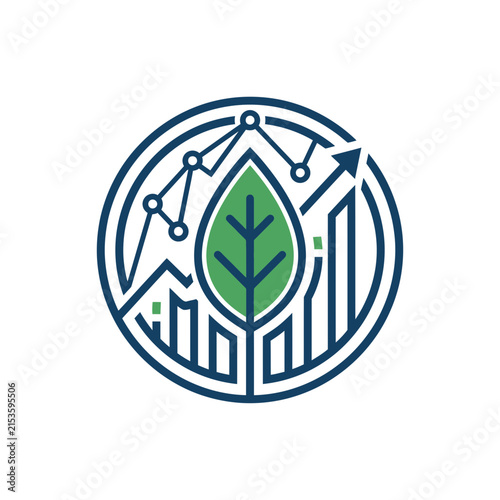 A circular icon showing green leaf and rising financial charts