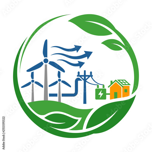 A circular icon showing green energy production for a home