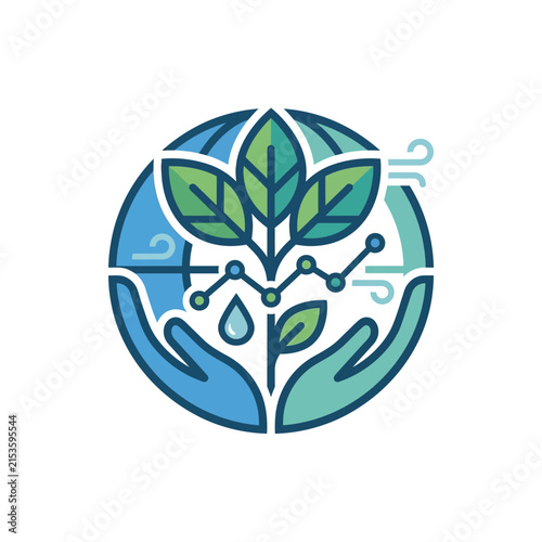 A circular icon showing hands protecting nature and growth trends