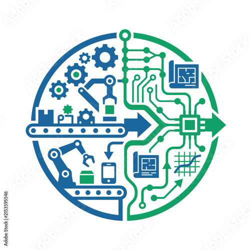 A circular icon showing industrial automation and digital technology