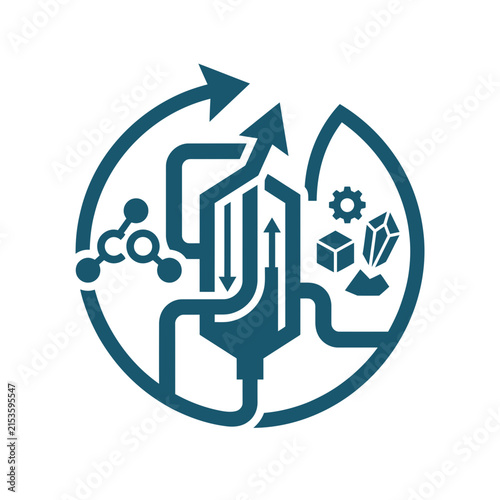 A circular icon showing industrial chemical processing and flow dynamics