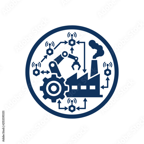 A circular icon showing industrial automation and network connectivity