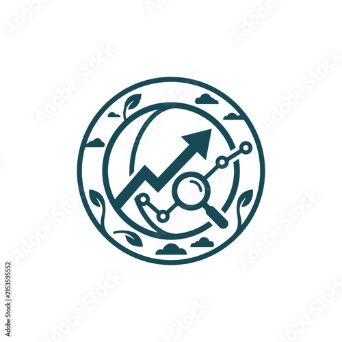 A circular icon showing growth trends and research analysis tools