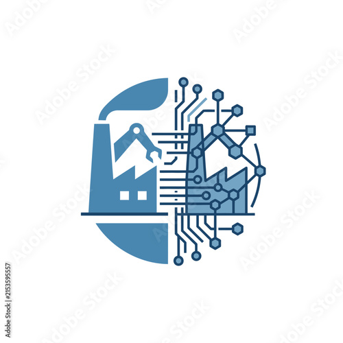 A circular icon showing industrial automation and digital network connectivity