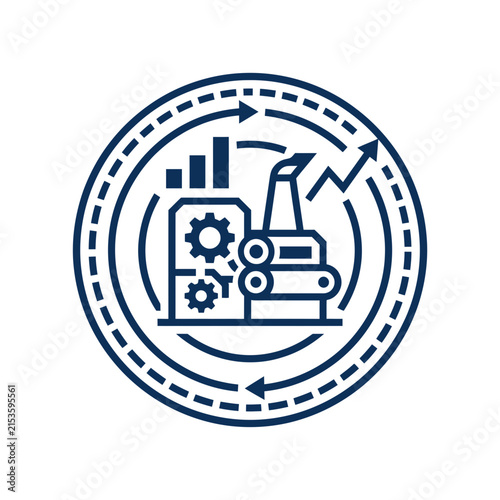 A circular icon showing industrial growth and manufacturing processes