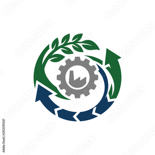 A circular icon showing industrial gear and green plant leaves