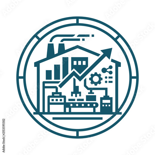 A circular icon showing industrial growth and manufacturing processes