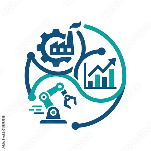 A circular icon showing industrial growth and robotic automation