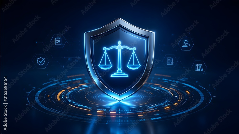 Fototapeta premium Futuristic Glowing Blue Shield with Scales of Justice Representing Legal Protection and Cybersecurity