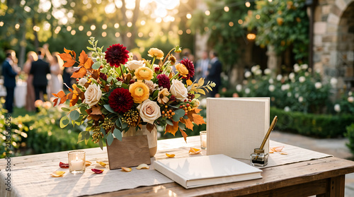 Wedding floral arrangement with vibrant colors at guestbook table in outdoor setting
