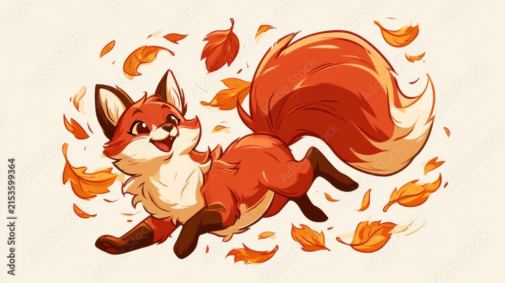 Naklejka premium A playful fox with big eyes jumps among vivid leaves in a sunny outdoor setting during fall.