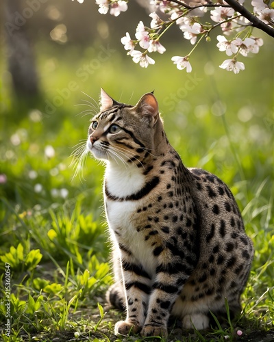 A marbled cat in a meadow floor