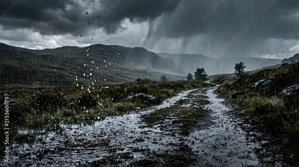 Fototapeta premium Dramatic rural landscape with heavy rain shower over muddy dirt road in gloomy weather conditions