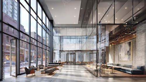 Sleek urban office facade with a double height glass lobby designer furniture visible inside morning city sun