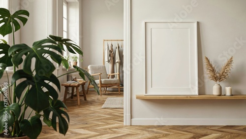 Empty white frame on wooden shelf in minimalist living room