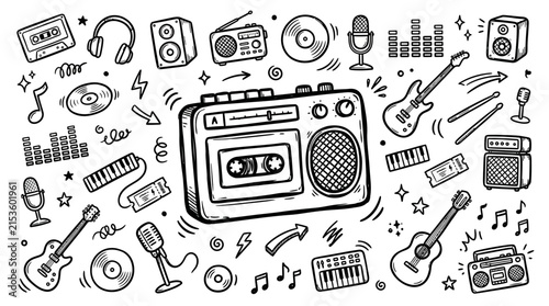 Music and musical instruments hand-drawn doodles.