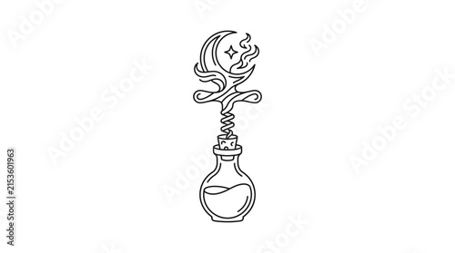 Mystical potion bottle with crescent moon illustration.