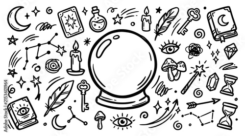 Mystical occult doodle set displays magical symbols and tools.