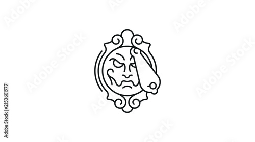 Mythical demon mask in decorative frame.