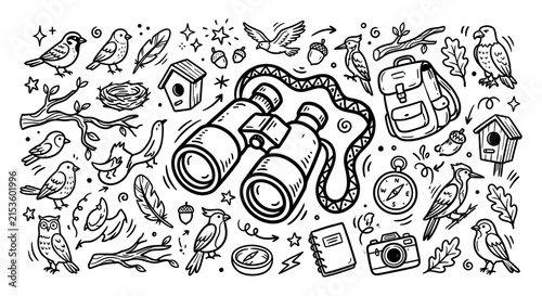 Nature binoculars doodle pattern with birds.