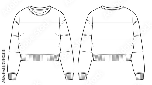 Girl's colorblock panel sweatshirt design fashion flat sketch template. Oversize crew neck sweat with chest seam technical drawing template. Sweatshirt fashion cad vector illustration.