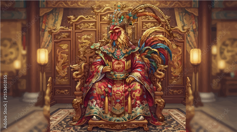 Fototapeta premium Majestic rooster emperor wearing traditional red embroidered silk robes sits regally upon an ornate golden dragon throne in imperial hall