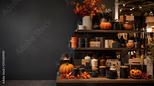 Festive halloween display with pumpkins and seasonal decor on shelves against a dark grey background with copy space