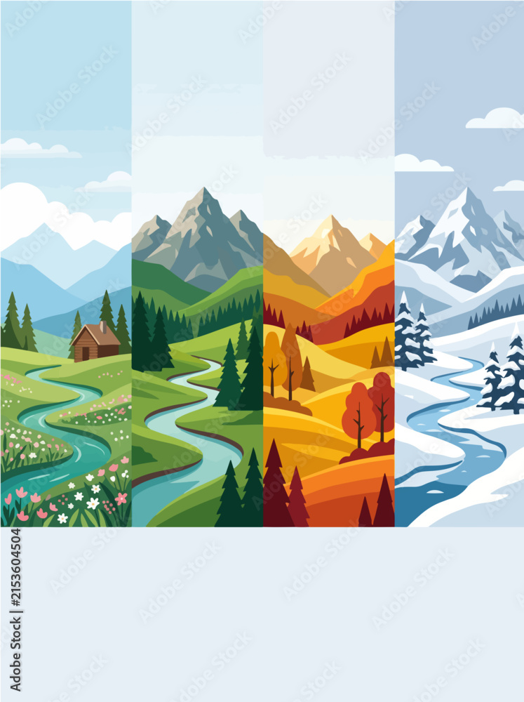 Fototapeta premium Four seasons vector illustration featuring mountains and rivers changing through spring summer autumn and winter in a colorful landscape design