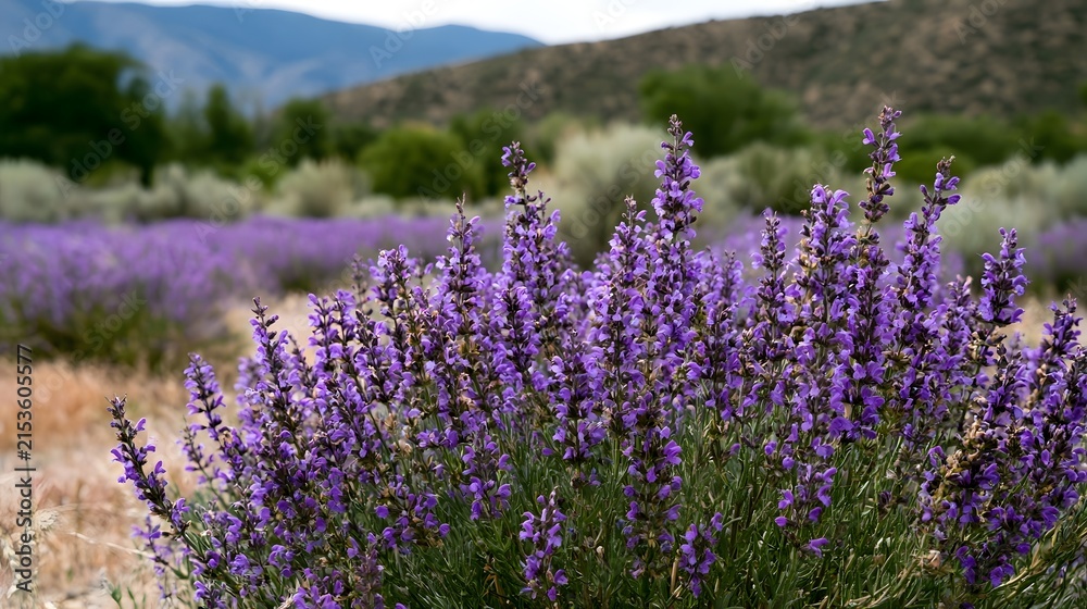 Obraz premium Purple sage flowers bloom densely in a sunlit field with rolling hills and greenery in soft focus background