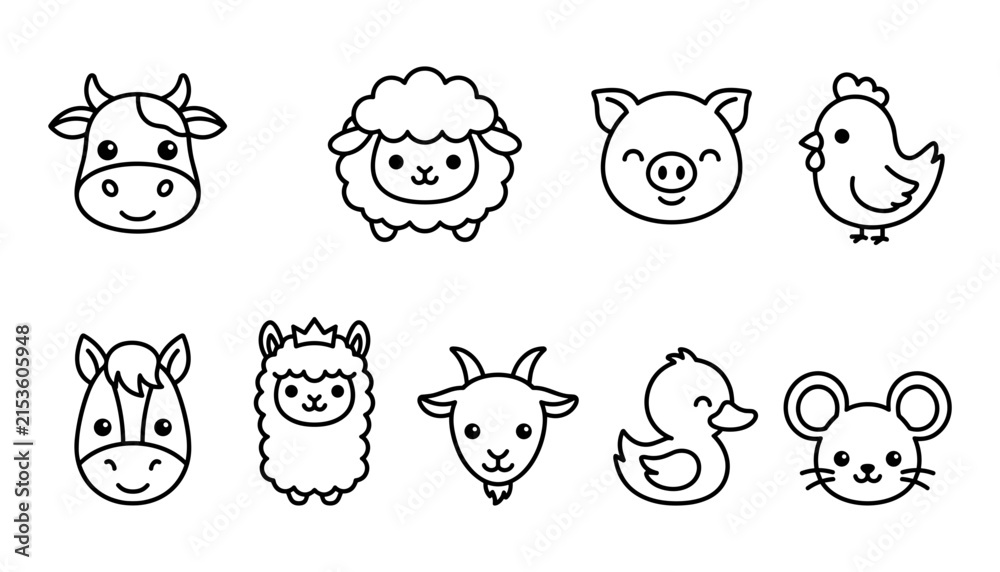 Naklejka premium Cute farm animal line icon set featuring cartoon faces of cow, sheep, pig, chicken, horse, alpaca, goat, duck, and mouse for children design