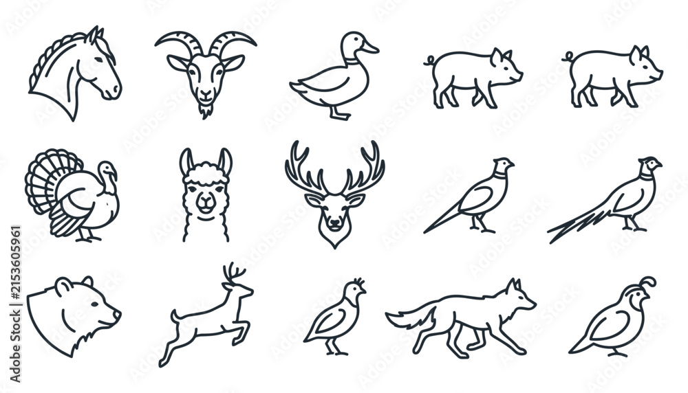 Naklejka premium Farm and wild animal line icon set featuring horse goat duck pig turkey alpaca deer pheasant bear fox and quail outline symbols