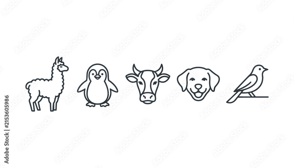 Naklejka premium Simple animal line icon set featuring clean outline illustrations of alpaca penguin cow dog and bird for modern logo branding designs