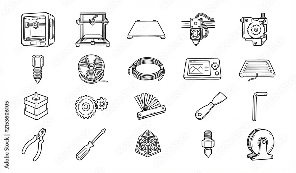 Fototapeta premium Hand Drawn 3D Printer Parts Tools and Equipment Black Line Vector Icon Set