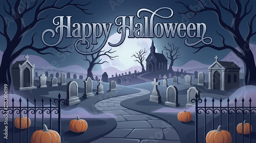 Happy Halloween Haunted Cemetery with Gothic Church, Full Moon, Bats and Pumpkins