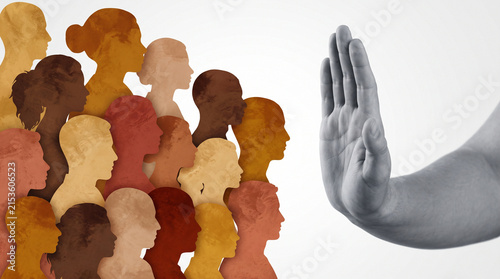 Hand gestures stop to a crowd of diverse people represented by profiles.