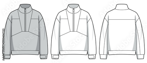 Unisex Panel Half Zip Sweatshirt technical fashion illustration, Oversize Pullover, fashion flat technical drawing template, colorblock, front and back view, white, grey, women, men, cad mockup set.