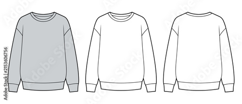 Oversize Unisex Classic Crewneck Sweatshirt technical fashion illustration. Pullover fashion flat technical drawing template, basic front and back view, white and grey, women and men cad mockup set.
