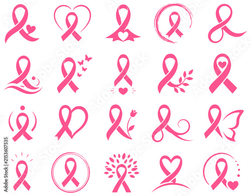 Pink breast cancer awareness ribbon icons, 20 decorative health symbols, feminine medical support graphics for charity events