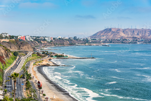 Panoramic view of the Costa Verde coastline and Chorrillos cliffs in Lima, Peru