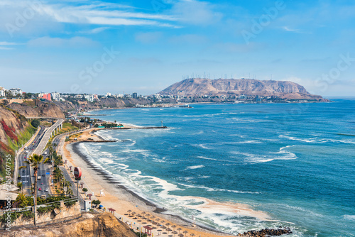 Panoramic view of the Costa Verde coastline and Chorrillos cliffs in Lima, Peru