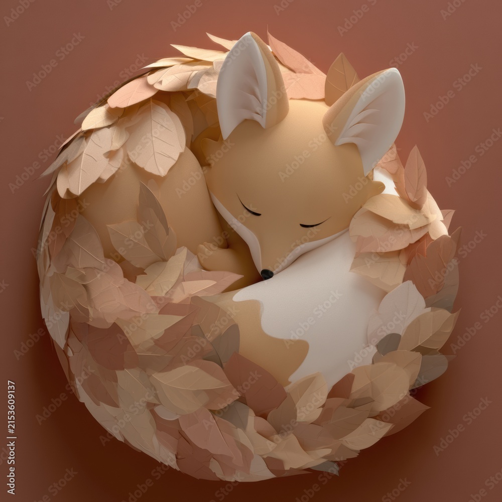 Naklejka premium A 3d fox character curls up while napping in a pile of colorful leaves. The setting shows a warm russet tone making the scene cozy.