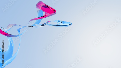 Abstract 3D glass ribbon wave background with neon fluid gradient flow. Transparent crystal iridescent curves in blue and pink colors. Futuristic tech liquid glossy motion design