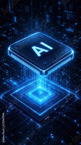 A glowing AI chip hovers over a futuristic digital grid, symbolizing advanced artificial intelligence and technology integration.
